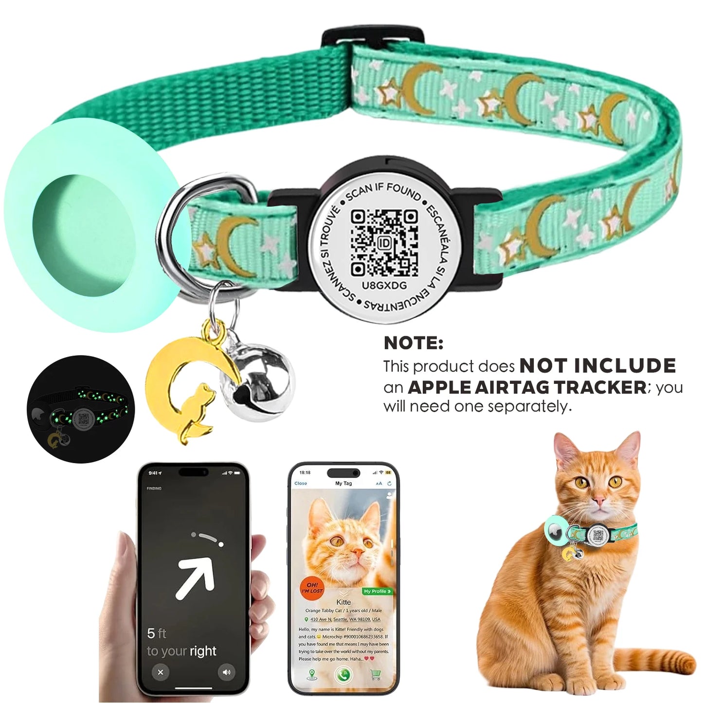 Cute Cat Collar with Airtag Case for Apple AirTag, Silicone GPS Tracker Holder, Reflective Pet Collar with Bell & QR Pet Tag