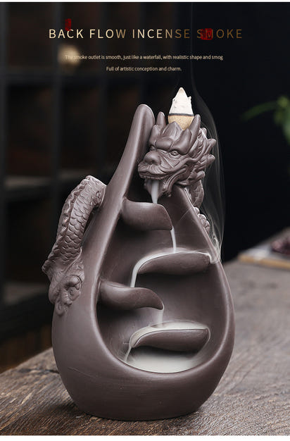 Relief Dragon Rökelse Vattenfall Återflödesrökelsehållare, Aromaterapi Ornament, Zen Dekor, Heminredning