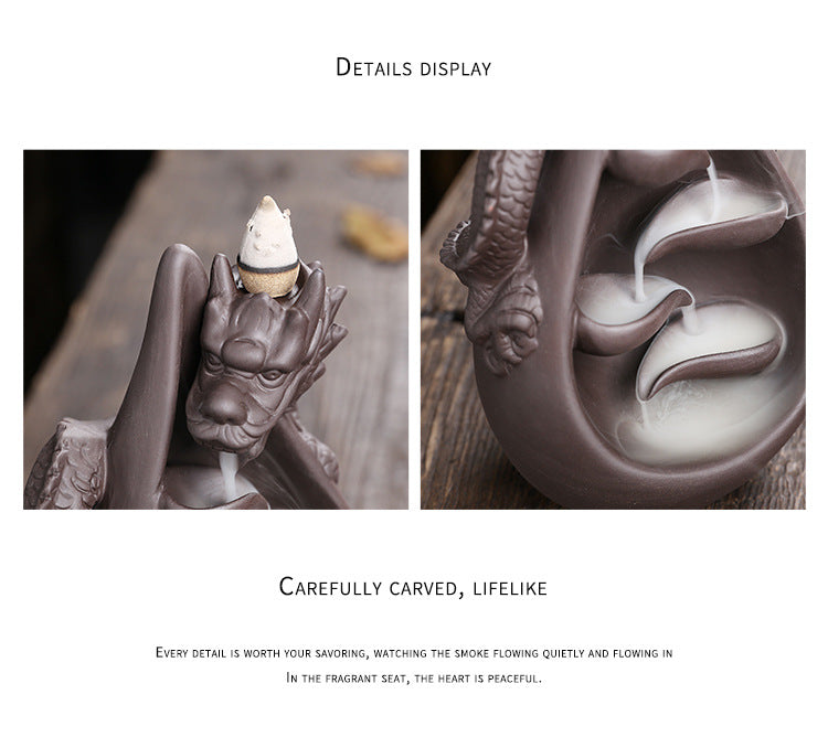 Relief Dragon Rökelse Vattenfall Återflödesrökelsehållare, Aromaterapi Ornament, Zen Dekor, Heminredning