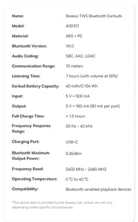 Baseus Bass BS1 NC Trådlösa Hörlurar -40dB ANC Bluetooth 6.0 Halvöppna Hi-Res Audio 6-Mic AI ENC LDAC Vattentäta Äkta Trådlösa Hörlurar