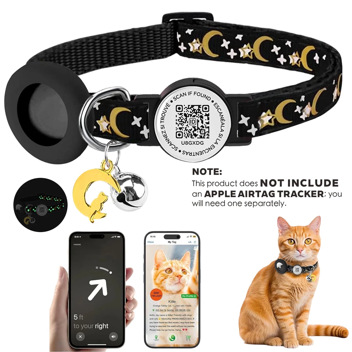 Cute Cat Collar with Airtag Case for Apple AirTag, Silicone GPS Tracker Holder, Reflective Pet Collar with Bell & QR Pet Tag