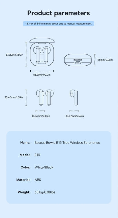Baseus Bowie E16 Wireless Earphones Bluetooth 5.3 IPX4 Waterproof 30H Battery Life True Wireless In-Ear Headphones with Charging Case