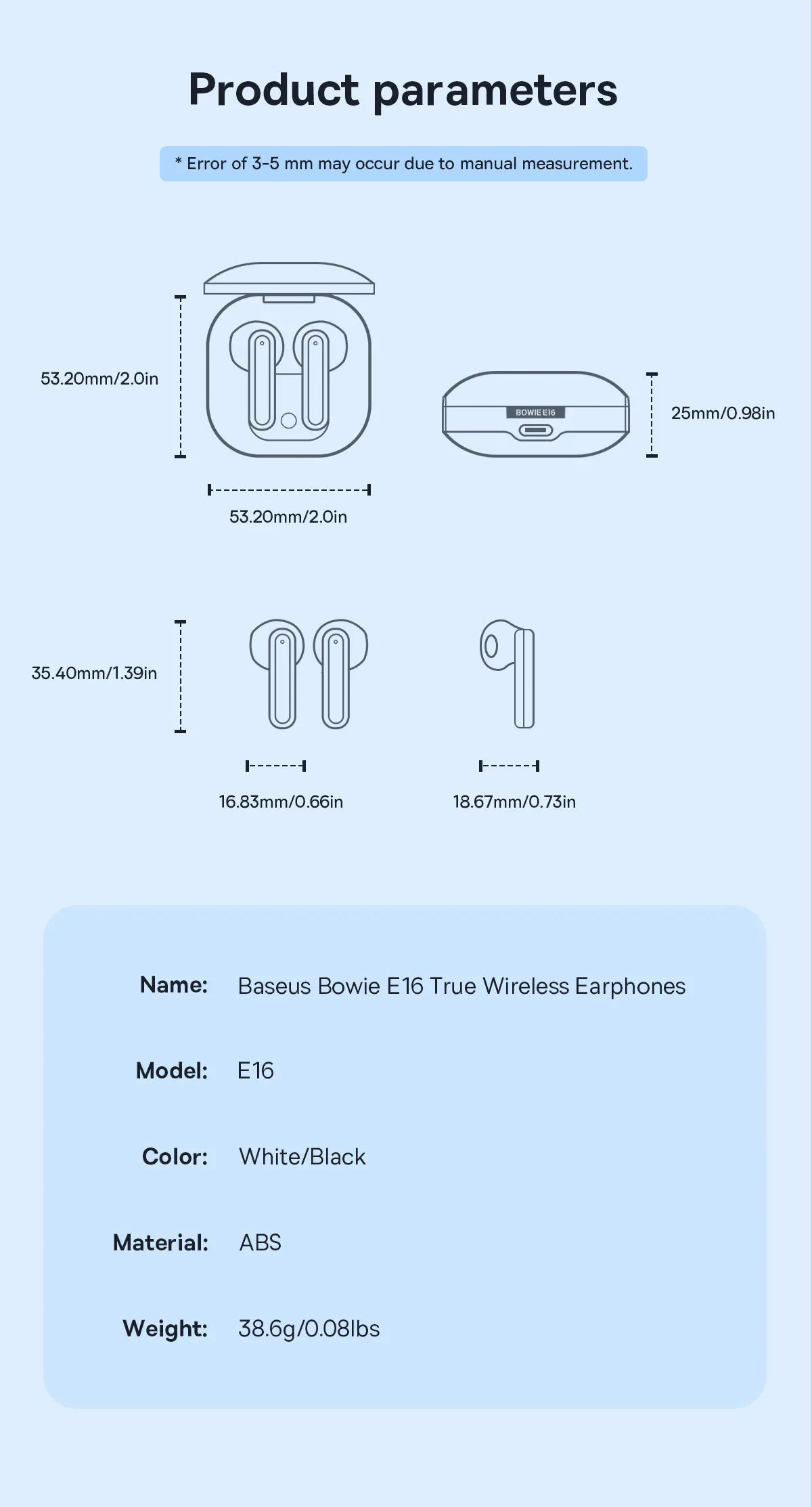 Baseus Bowie E16 Wireless Earphones Bluetooth 5.3 IPX4 Waterproof 30H Battery Life True Wireless In-Ear Headphones with Charging Case