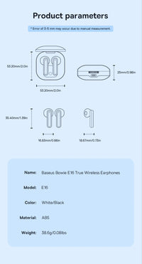 Baseus Bowie E16 Wireless Earphones Bluetooth 5.3 IPX4 Waterproof 30H Battery Life True Wireless In-Ear Headphones with Charging Case