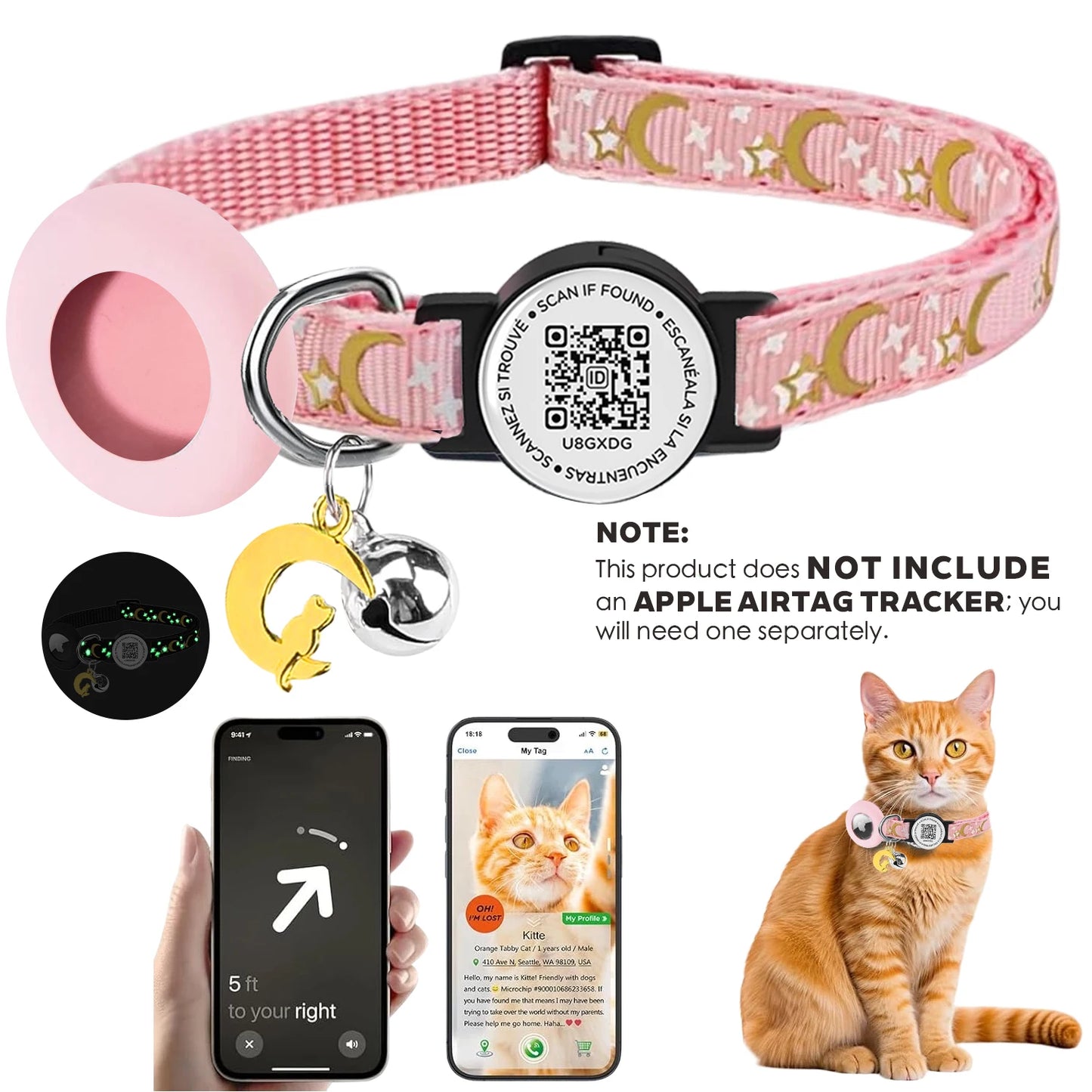 Cute Cat Collar with Airtag Case for Apple AirTag, Silicone GPS Tracker Holder, Reflective Pet Collar with Bell & QR Pet Tag
