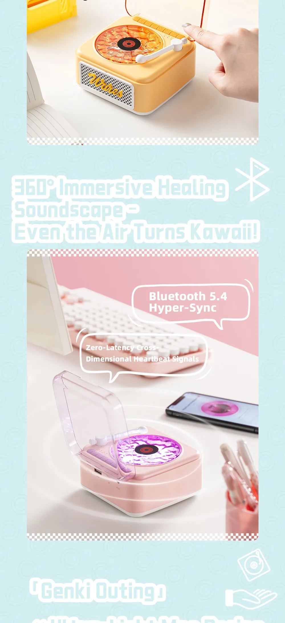 Retro Bluetooth-högtalare Mini trådlös stereo med omgivande ljus subwoofer inbyggd vitbrus vinylskivspelare