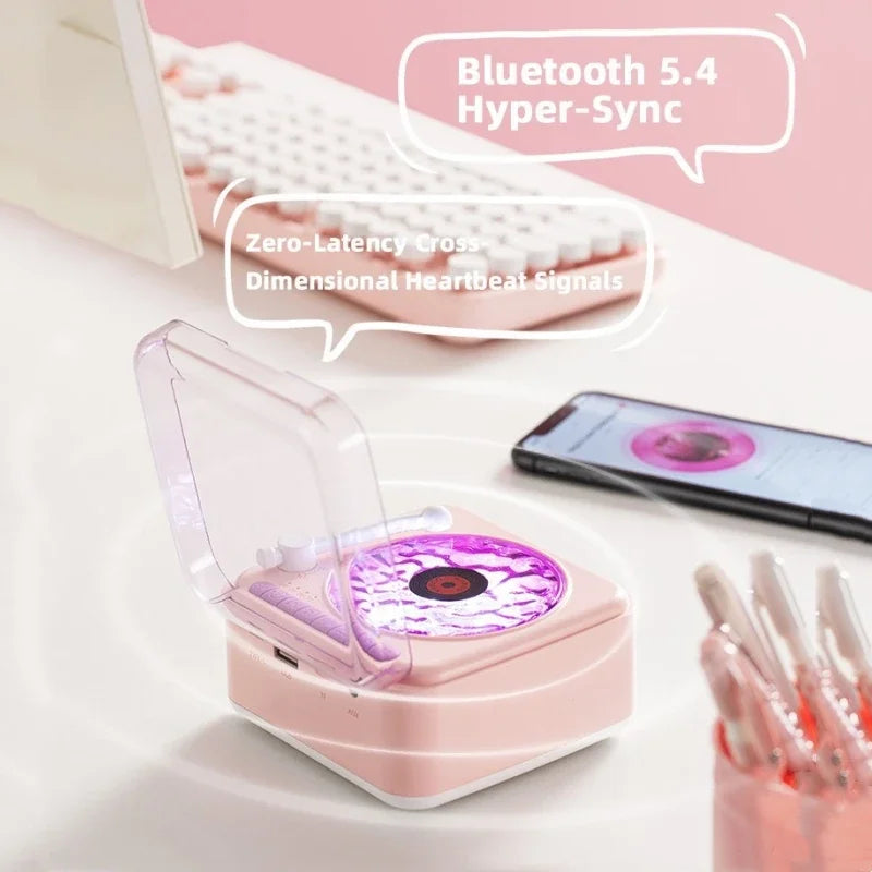 Retro Bluetooth-högtalare Mini trådlös stereo med omgivande ljus subwoofer inbyggd vitbrus vinylskivspelare