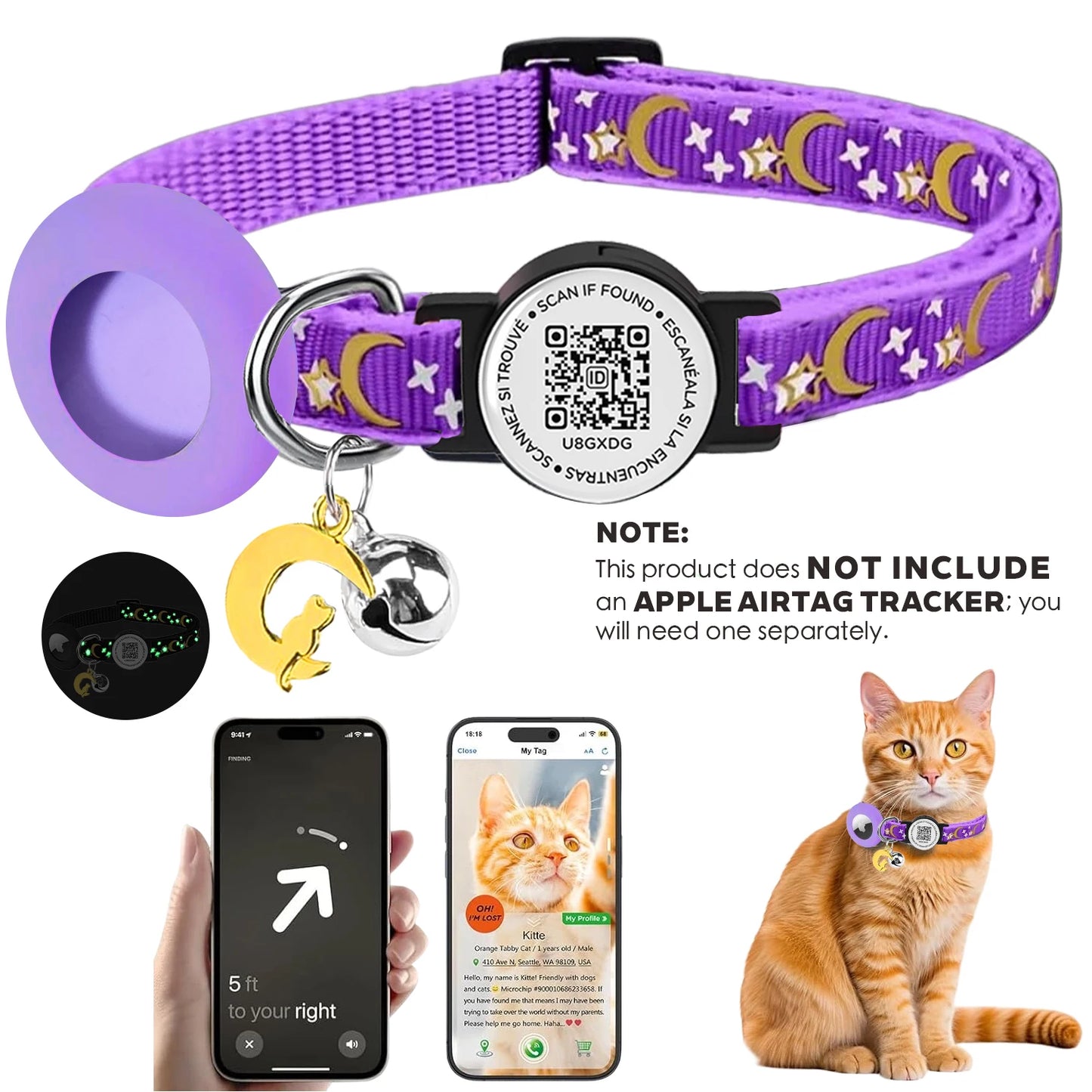 Cute Cat Collar with Airtag Case for Apple AirTag, Silicone GPS Tracker Holder, Reflective Pet Collar with Bell & QR Pet Tag