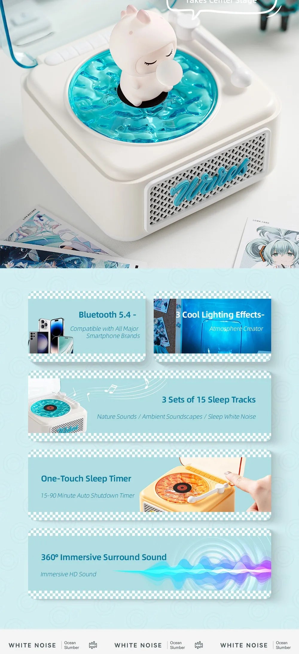 Retro Bluetooth-högtalare Mini trådlös stereo med omgivande ljus subwoofer inbyggd vitbrus vinylskivspelare