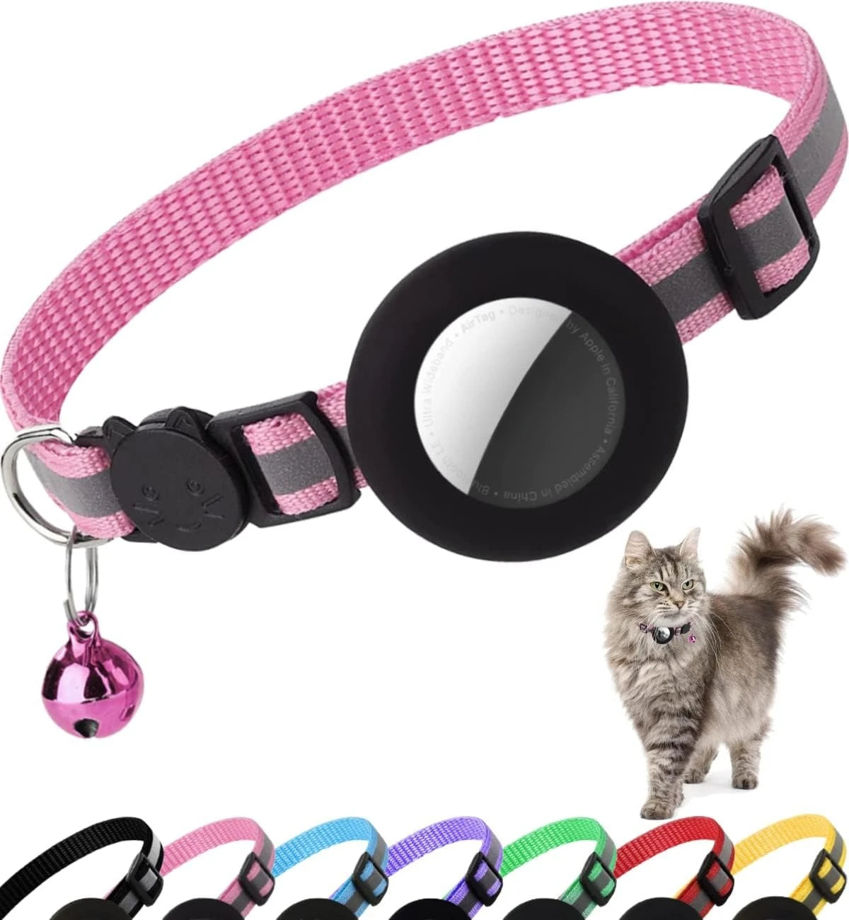 Cute Cat Collar Airtag Breakaway Reflective Kitten Collar with Bell for Apple Air Tag Holder Bell Nylon Silicone Collar for Cats