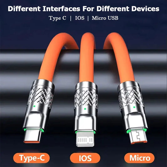 120W 6A 3 In 1 USB Fast Charging Cable Micro USB Type C Charging Cables For Iphone 14 13 12 Huawei Xiaomi Charger Cord 1.2M 2M