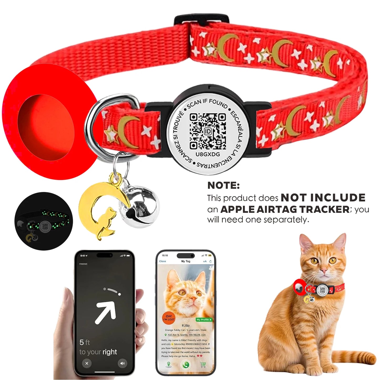 Cute Cat Collar with Airtag Case for Apple AirTag, Silicone GPS Tracker Holder, Reflective Pet Collar with Bell & QR Pet Tag
