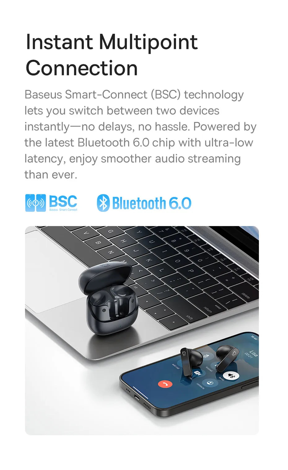 Baseus Bass BS1 NC Trådlösa Hörlurar -40dB ANC Bluetooth 6.0 Halvöppna Hi-Res Audio 6-Mic AI ENC LDAC Vattentäta Äkta Trådlösa Hörlurar