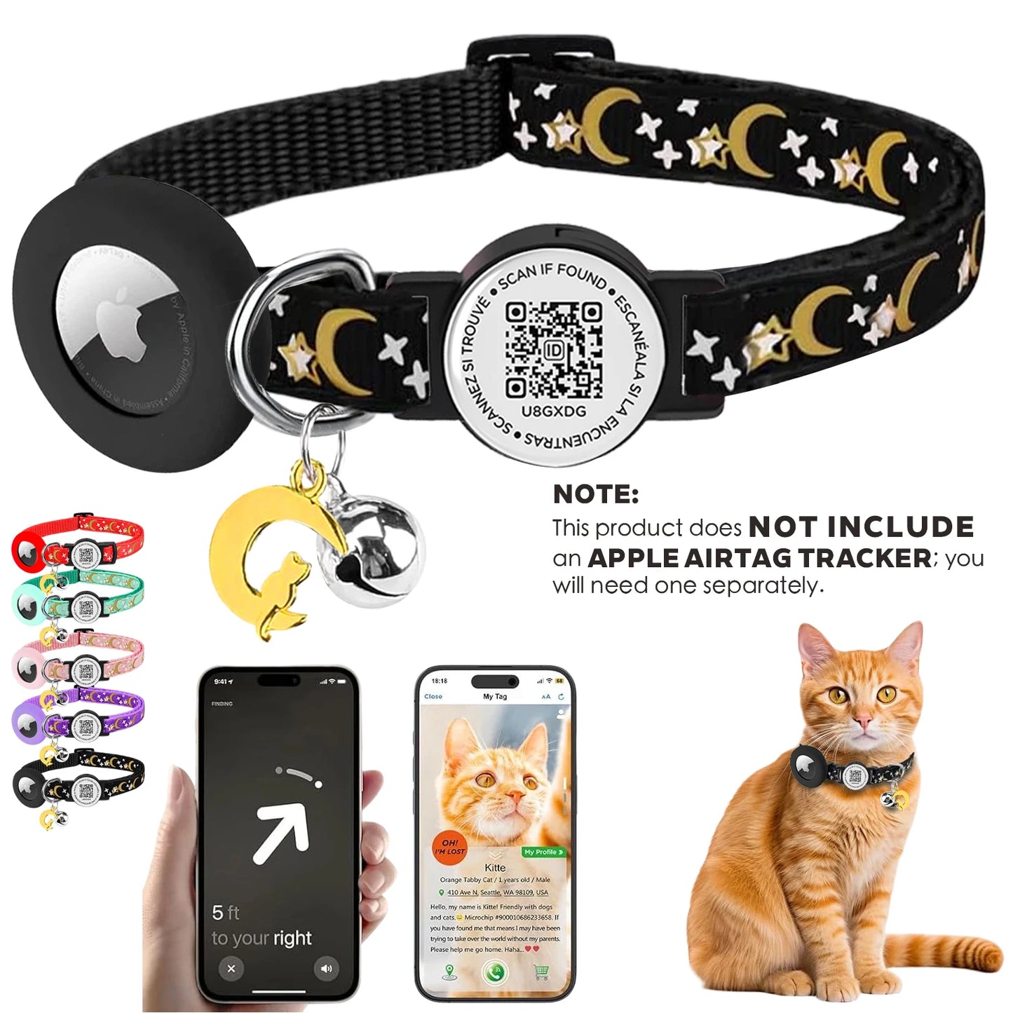Cute Cat Collar with Airtag Case for Apple AirTag, Silicone GPS Tracker Holder, Reflective Pet Collar with Bell & QR Pet Tag