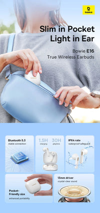 Baseus Bowie E16 Wireless Earphones Bluetooth 5.3 IPX4 Waterproof 30H Battery Life True Wireless In-Ear Headphones with Charging Case