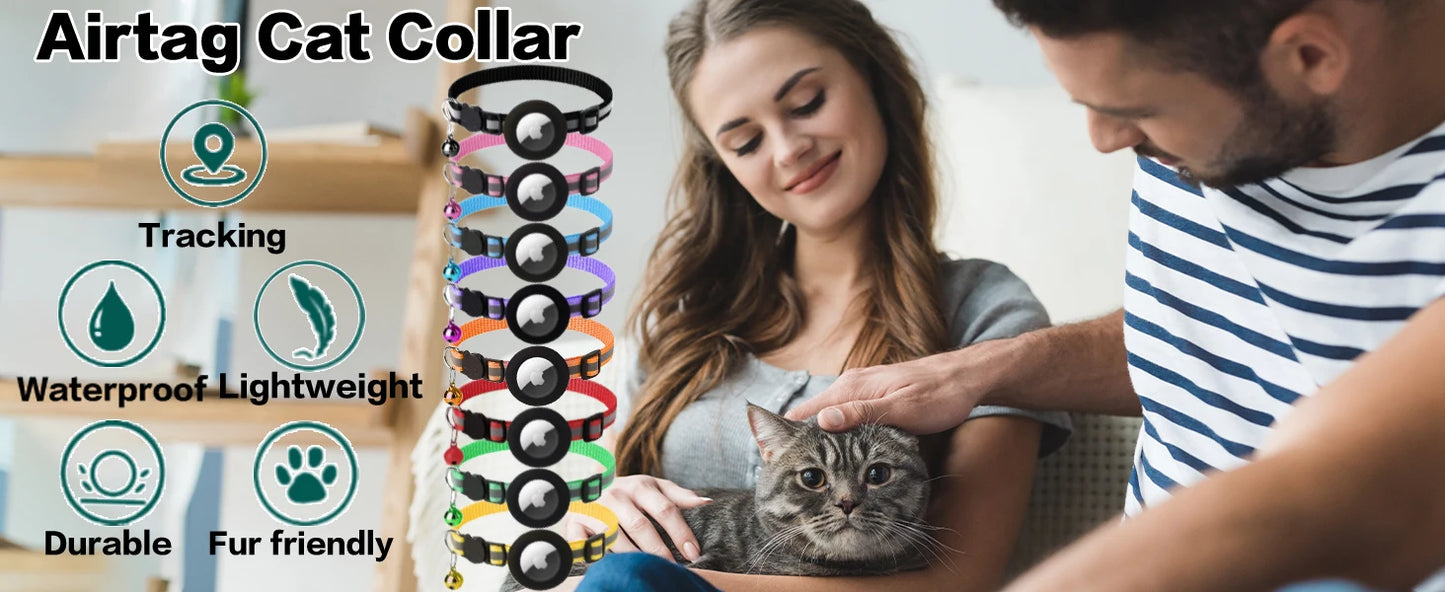 Cute Cat Collar Airtag Breakaway Reflective Kitten Collar with Bell for Apple Air Tag Holder Bell Nylon Silicone Collar for Cats