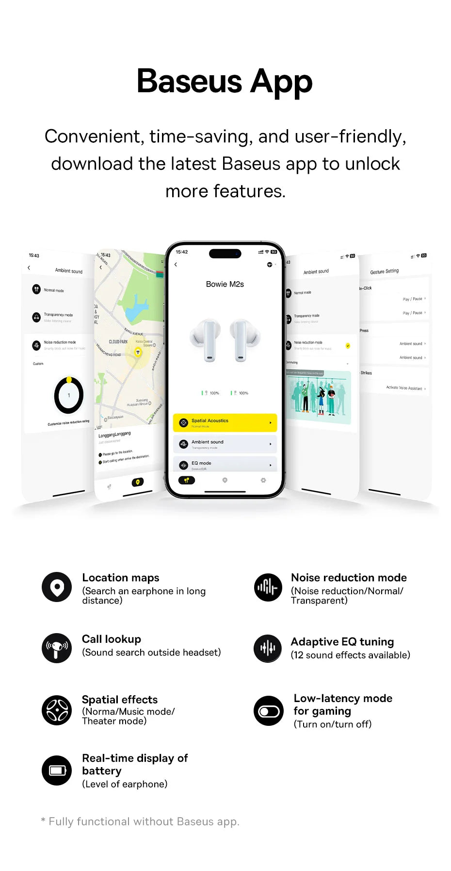 Baseus Bowie M2s -48dB ANC Trådlösa Hörlurar Bluetooth 5.3 3D Spatial Audio Hörlurar HiFi Kvalitet 0.038" Låg Latens Hörlurar