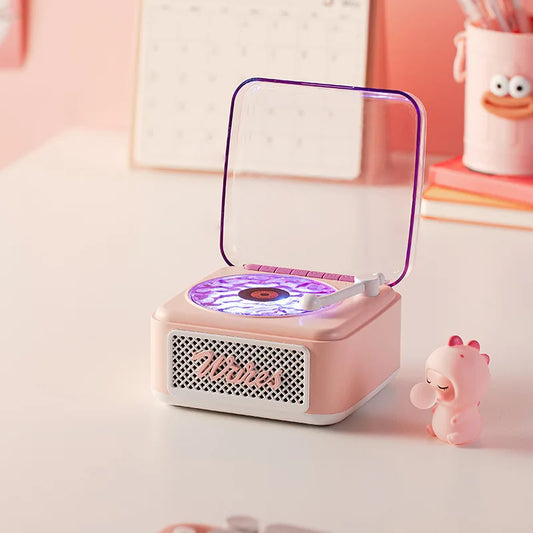 Retro Bluetooth-högtalare Mini trådlös stereo med omgivande ljus subwoofer inbyggd vitbrus vinylskivspelare