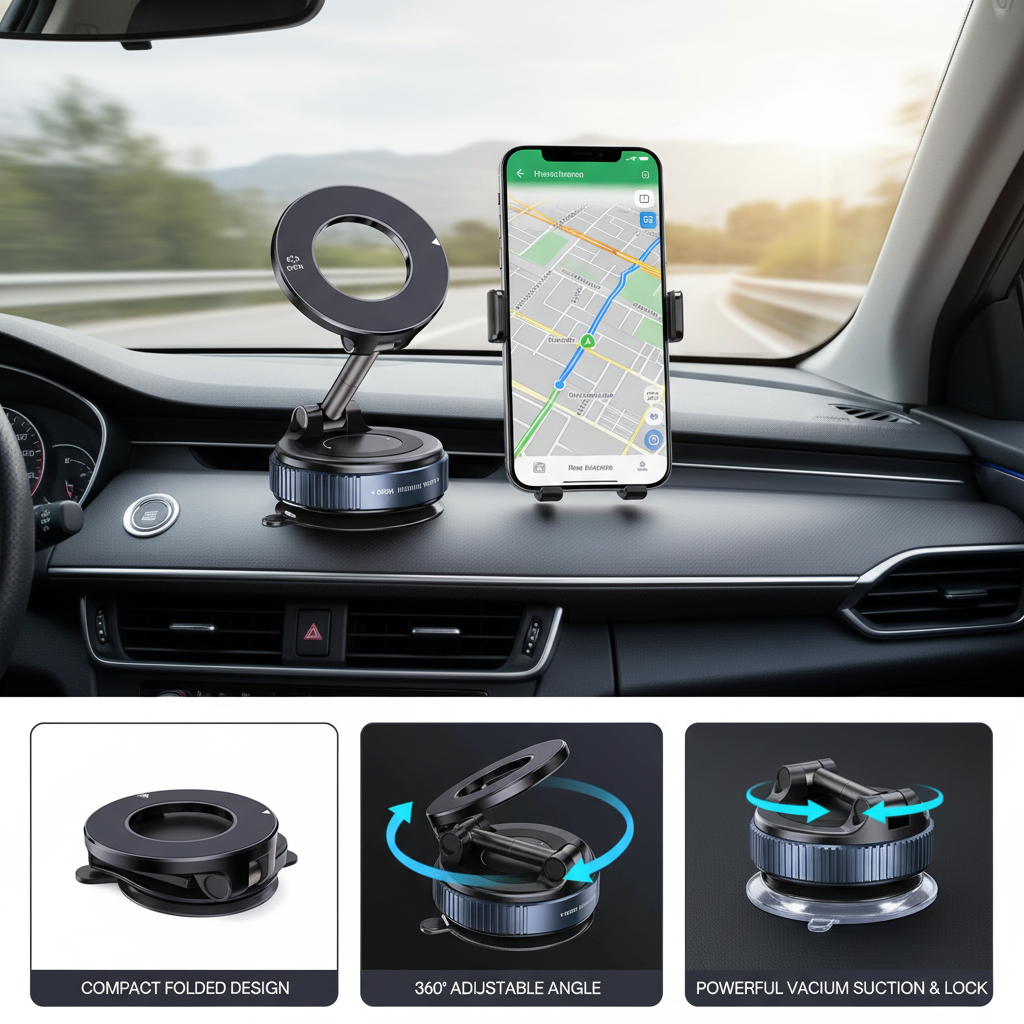 Vakuummagnetisk sugkoppshållare för telefon, vikbar och utdragbar handsfree-sugkoppshållare för telefon i bil för iPhone och Android