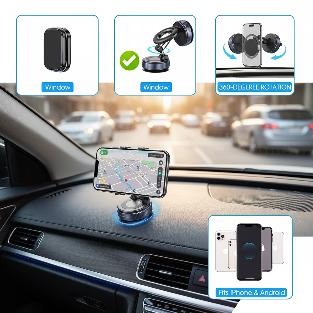 Vakuummagnetisk sugkoppshållare för telefon, vikbar och utdragbar handsfree-sugkoppshållare för telefon i bil för iPhone och Android