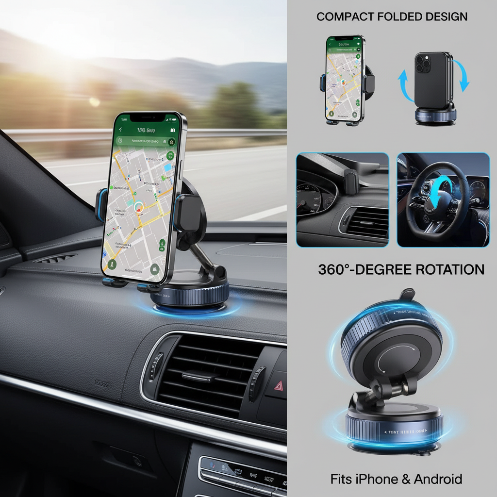 Vakuummagnetisk sugkoppshållare för telefon, vikbar och utdragbar handsfree-sugkoppshållare för telefon i bil för iPhone och Android